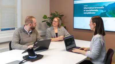 Tre personer har ett möte på ett kontor med bärbara datorer, en skärm som visar webbplatsen eneas.se, och en växt i bakgrunden.